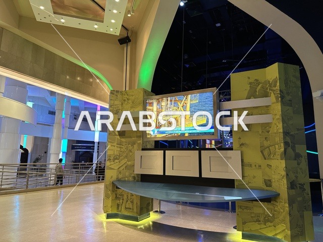 A modern electronic screen at the Energy Exhibition in the King Abdulaziz Center for World Culture (Ithra) in Dhahran, Eastern Province, Saudi Arabia, on January 19, 2026. The event highlights energy sources and modern technologies, featuring educational exhibits and innovative scientific experiments, informative content that connects sustainability and innovation, and inspiring cultural atmospheres suitable for all categories.