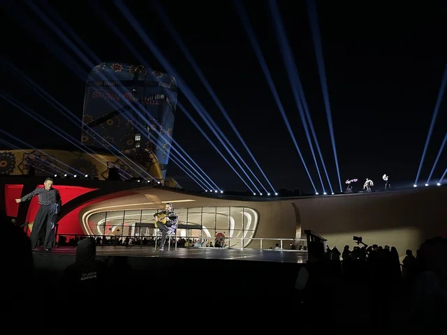 The exterior design of the King Abdulaziz Center for World Culture, the Spain Street event at the Ithra Center in Dhahran, Eastern Province, Saudi Arabia, on October 11, 2025, offers a cultural and entertainment experience, live musical and artistic performances, flamenco dances, and interactive activities, Spanish-themed restaurants and cafes, family and children-friendly activities, and a vibrant festive atmosphere.