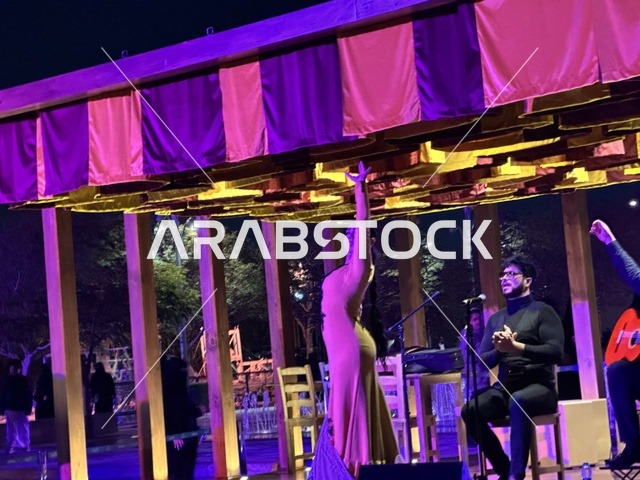 A musical performance and folk dance at the Spain Street event in the King Abdulaziz Center for World Culture "Ithra" in Dhahran, Eastern Province, Saudi Arabia, on October 11, 2025, offers a cultural and entertainment experience, featuring flamenco dances and interactive activities, Spanish-themed restaurants and cafes, family and children's activities, and a vibrant festive atmosphere.