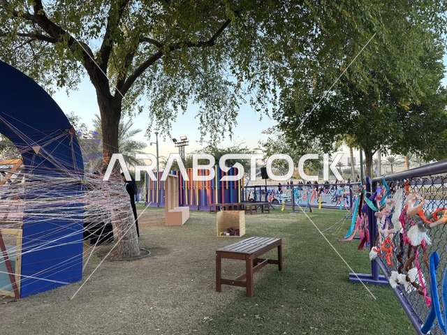A space for sitting and relaxing at the Spain Street event at the King Abdulaziz Center for World Culture "Ithra" in Dhahran, Eastern Province, Saudi Arabia, on October 11, 2025. A cultural and entertainment experience, live musical and artistic performances, interactive activities for families and children, flamenco dances, Spanish-themed restaurants and cafes, and a vibrant festive atmosphere.