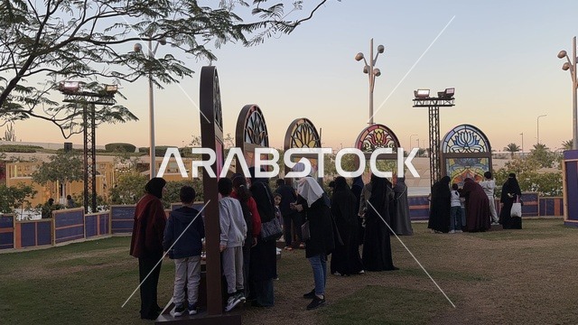 Visitors gathered in the outdoor plaza of the King Abdulaziz Center for World Culture, for the Spain Street event at the "Ithra" center in Dhahran, Eastern Province, Saudi Arabia, on October 11, 2025. It is a cultural and entertainment experience featuring flamenco dances and interactive activities, family and children-friendly activities, Spanish-themed restaurants and cafes, and a vibrant festive atmosphere.