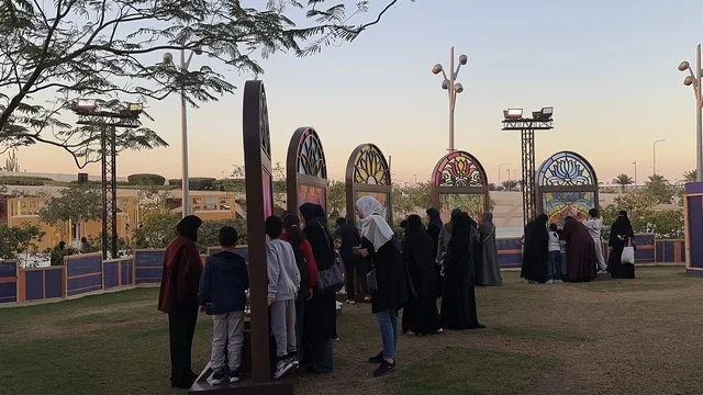 Visitors gathered in the outdoor plaza of the King Abdulaziz Center for World Culture, for the Spain Street event at the "Ithra" center in Dhahran, Eastern Province, Saudi Arabia, on October 11, 2025. It is a cultural and entertainment experience featuring flamenco dances and interactive activities, family and children-friendly activities, Spanish-themed restaurants and cafes, and a vibrant festive atmosphere.