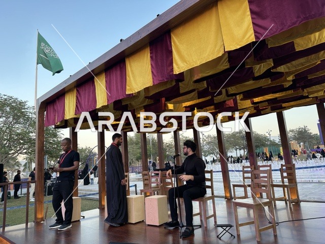 A musical performance at the Spain Street event in the King Abdulaziz Center for World Culture "Ithra" in Dhahran, Eastern Province, Saudi Arabia, on October 11, 2025, featuring live musical and artistic performances, interactive activities for families and children, flamenco dances, Spanish-themed restaurants and cafes, and a vibrant festive atmosphere.