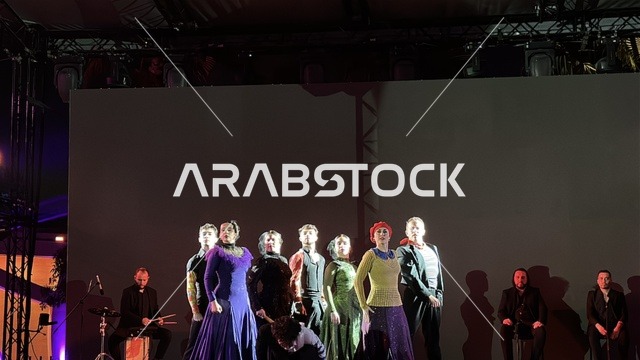 A folk dance show at the Spain Street event in the King Abdulaziz Center for World Culture "Ithra" in Dhahran, Eastern Province, Saudi Arabia, on October 11, 2025, featuring live musical and artistic performances, interactive activities for families and children, flamenco dances, Spanish-themed restaurants and cafes, and a vibrant festive atmosphere.