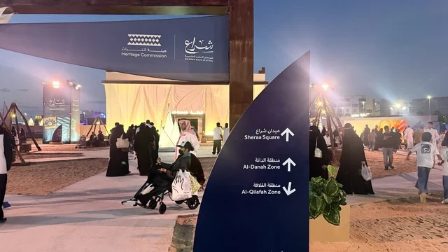 Signpost for the route, Wooden Ships Festival on Al-Hamra Beach in Jeddah, Saudi Arabia from January 12 to 16, 2026, showcases the stages of traditional shipbuilding, tools and materials used, maritime heritage and coastal identity, interactive activities and cultural performances.