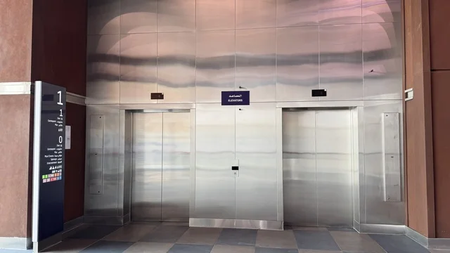 The elevators in the Yuwalk area in Jeddah, Saudi Arabia, on February 15, 2024, feature international and local restaurants and cafes, a complete urban destination for walking, entertainment, and shopping, diverse brands, seasonal events, and recreational activities, with a vibrant family and youth atmosphere.