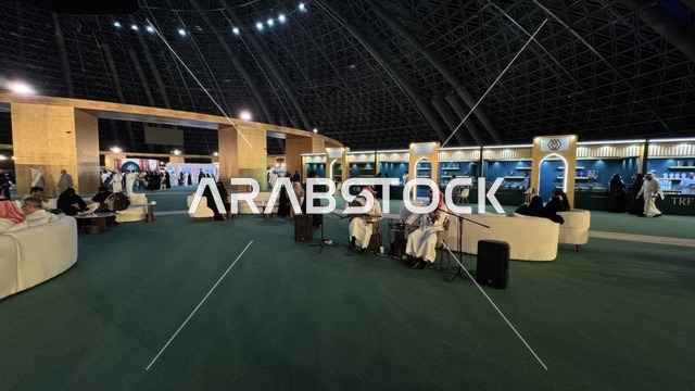 A live musical performance in front of one of the restaurants at the Gold and Jewelry Exhibition in Jeddah, Saudi Arabia, on January 12, 2026. This specialized commercial event brings together the most prominent gold and jewelry houses, featuring local and international brands, the latest trends in gold jewelry and gemstones, an upscale atmosphere, and a unique shopping experience for luxury enthusiasts.
