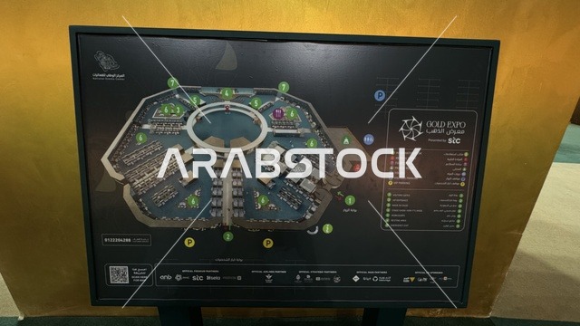 Map of the Gold and Jewelry Exhibition at Jeddah Superdome, Jeddah, Saudi Arabia, on January 12, 2026. A specialized commercial event that brings together the most prominent gold and jewelry houses, the latest trends in gold crafts and gemstones, an upscale atmosphere, and a unique shopping experience for luxury enthusiasts.