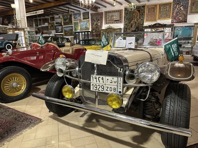 Classic heritage cars at the Al-Falwah and Al-Jawhara Museum in the Al-Nuzha neighborhood of Dammam, Eastern Province, Kingdom of Saudi Arabia, on February 21, 2018. A distinctive educational and tourist destination, halls for showcasing Saudi heritage, documentation of handicrafts and Saudi identity, a heritage and cultural landmark displaying the history of traditional clothing and jewelry, Islamic art.
