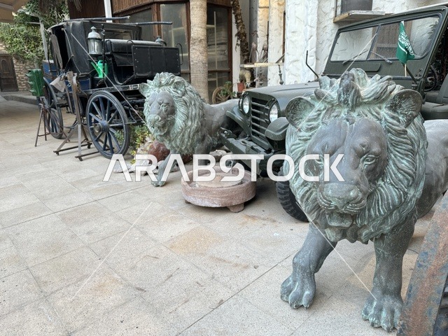 The historical vehicles at the Al-Falwah and Al-Jawhara Museum in the Al-Nuzha neighborhood of Dammam, Eastern Province, Saudi Arabia, on February 21, 2018, is a distinctive educational and tourist destination, featuring halls for showcasing Saudi heritage, classic cars, documentation of handicrafts and Saudi identity, a heritage and cultural landmark displaying the history of traditional clothing and jewelry, and Islamic art.