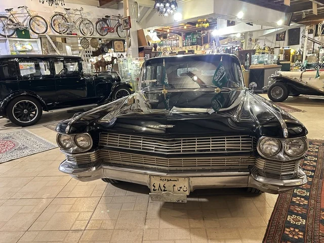 Classic vintage cars at the Al-Falwah and Al-Jawhara Museum in the Al-Nuzha neighborhood of Dammam, Eastern Province, Saudi Arabia, on February 21, 2018, a distinctive educational and tourist destination, halls for showcasing Saudi heritage, a heritage and cultural landmark displaying the history of traditional clothing and jewelry, documentation of handicrafts and Saudi identity, Islamic art.