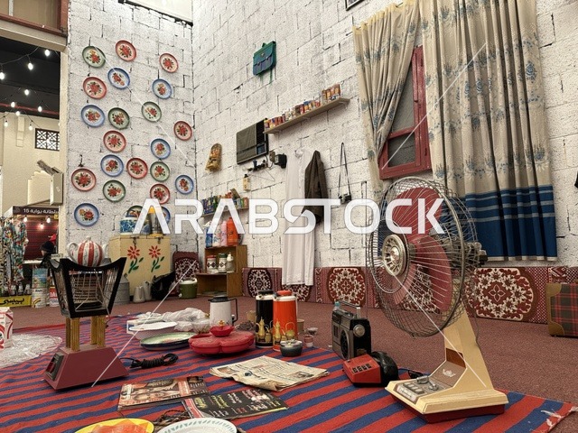 An exhibition of ancient tools, a remembrance of old life in the "Life of the Past" event at the Life Plaza markets in Dammam city in the Eastern Province on January 9, 2026, simulating the details of ancient life and the lifestyle of ancestors, a heritage event in winter.