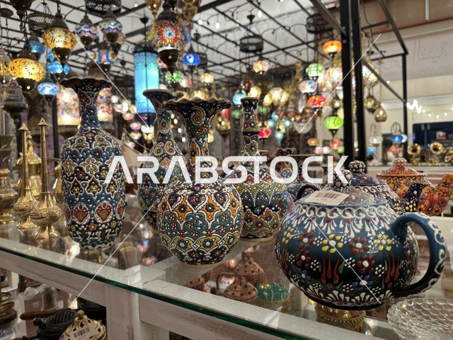 An exhibition of old decorative utensils, a remembrance of ancient life at the "Life of the Past" event in the Life Plaza markets in Dammam city, Eastern Province, on January 9, 2026, simulating the details of ancient life and the lifestyle of ancestors, a heritage event in winter.