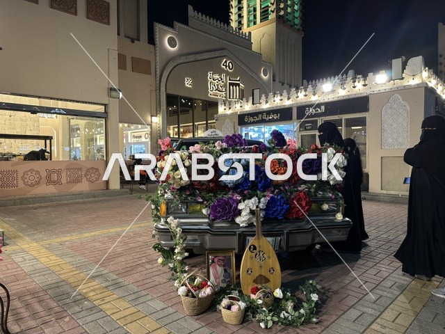 عرض سيارة كلاسيكية في فعالية حياة زمان في أسواق الحياة بلازا في مدينة الدمام بالمنطقة الشرقية 9 يناير 2026 ، محاكاة تفاصيل الحياة القديمة ونمط حياة الأجداد، فعالية تراثية في فصل الشتاء