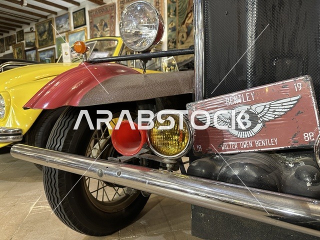 Classic vintage cars at the Al-Falwah and Al-Jawhara Museum in the Al-Nuzha neighborhood of Dammam, Eastern Province, Saudi Arabia, on February 21, 2018, a distinctive educational and tourist destination, documenting handicrafts and Saudi identity, a heritage and cultural landmark showcasing the history of traditional clothing and jewelry, Saudi heritage, Islamic art.