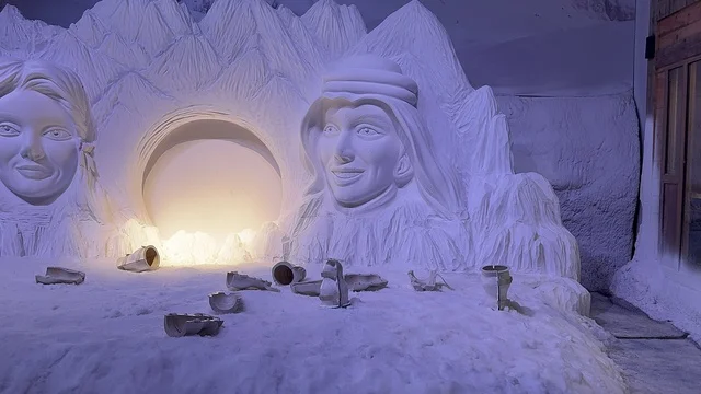 Snowy decor and a mountain scene await you at the Courchevel experience in Boulevard World, Riyadh, Saudi Arabia on November 25, 2025. This winter entertainment event, inspired by the atmosphere of European ski resorts, offers a luxurious ambiance combining entertainment and relaxation, winter-themed restaurants and cafes, and fun interactive activities.