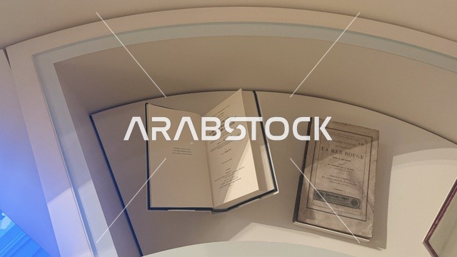 A display of books documenting the stories of navigation, trade, and pilgrimage, exploring the history of the region, the Red Sea Museum in Jeddah in the historic Bab Al-Bont building in historic Jeddah on January 17, 2026, a modern cultural landmark, showcasing rare artifacts that tell the historical story of the Red Sea.