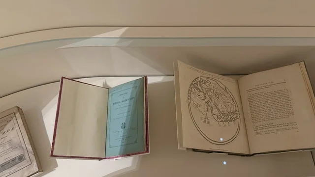 A display of books documenting the stories of navigation, trade, and pilgrimage, exploring the history of the region, the Red Sea Museum in Jeddah in the historic Bab Al-Bont building in historic Jeddah on January 17, 2026, a modern cultural landmark, showcasing rare artifacts that tell the historical story of the Red Sea.