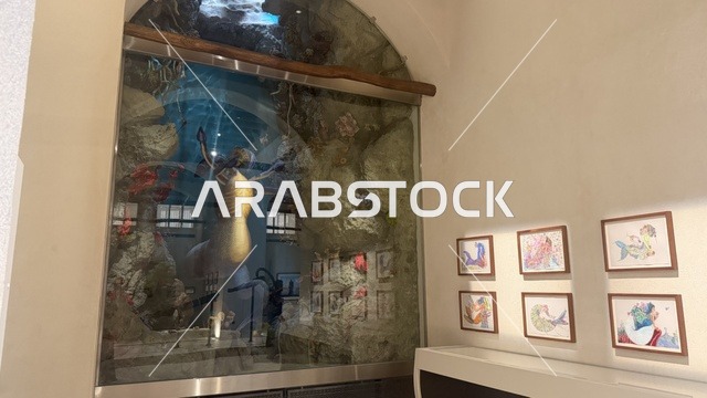 Hand-drawn artwork of marine life, display of rare artifacts telling the story of the Red Sea's history, exploration of the region's history, Red Sea Museum in Jeddah, located in the historic Bab Al-Bunt building in Historic Jeddah, January 17, 2026, a modern cultural landmark