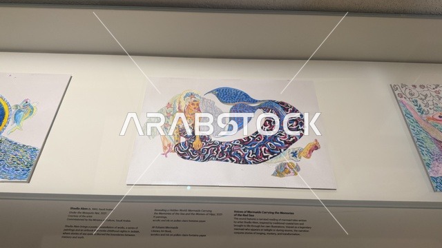 Hand-drawn artwork of marine life, display of rare artifacts telling the story of the Red Sea's history, exploration of the region's history, Red Sea Museum in Jeddah, located in the historic Bab Al-Bunt building in Historic Jeddah, January 17, 2026, a modern cultural landmark