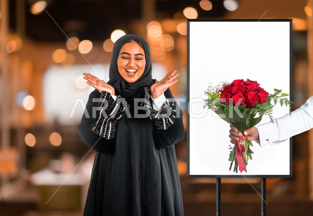 صورة زوجان سعيدان يحتفلان بعيد الحب , الزوج يقدم لزوجته باقة ورد , الزوجة تعبر بإيماءات وجه ويدين تدل على الدهشة والفرح , عيد الأم , يوم الفلنتاين , أعياد ومناسبات , عيد الميلاد , خلفية الحب والرومانسية .