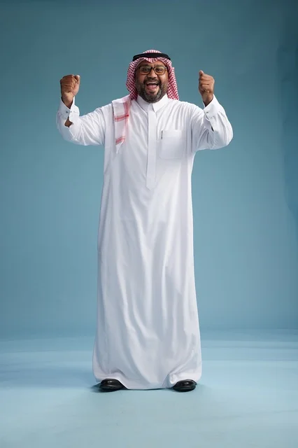 A portrait of an Arab Saudi Gulf man wearing a white thobe and a shemagh, with various gestures and movements, full body, blue background.