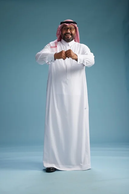 A portrait of an Arab Saudi Gulf man wearing a white thobe and a shemagh, with various gestures and movements, full body, blue background.