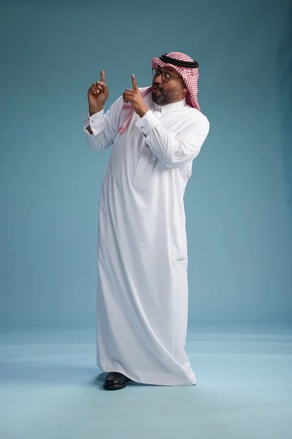 بورتريه لرجل  عربي سعودي خليجي يرتدي ثوب أبيض وشماغ, ايماءات وحركات متنوعه, كامل الجسم, خلفيه زرقاء
