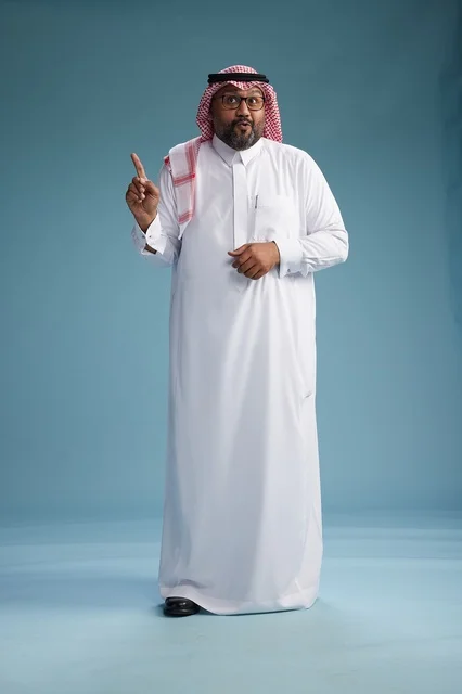 A portrait of an Arab Saudi Gulf man wearing a white thobe and a shemagh, with various gestures and movements, full body, blue background.