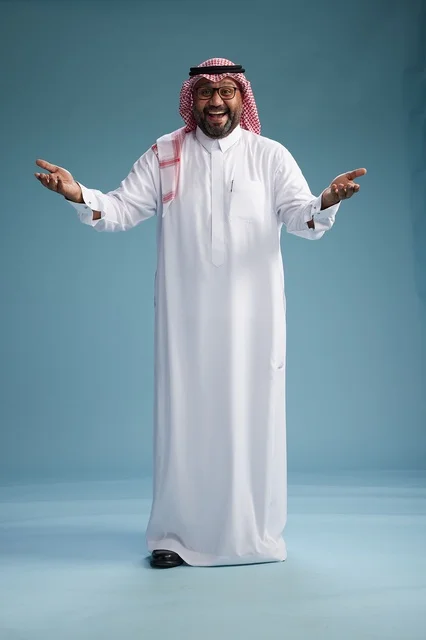 A portrait of an Arab Saudi Gulf man wearing a white thobe and a shemagh, with various gestures and movements, full body, blue background.