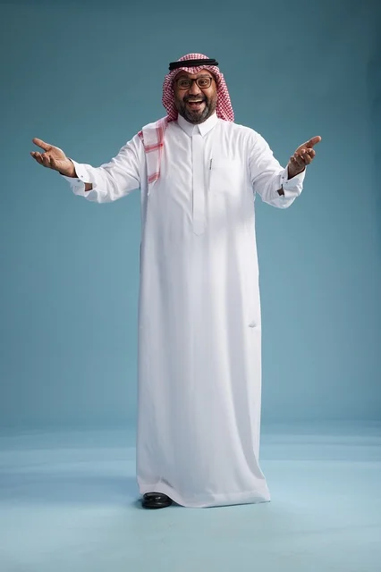 A portrait of an Arab Saudi Gulf man wearing a white thobe and a shemagh, with various gestures and movements, full body, blue background.