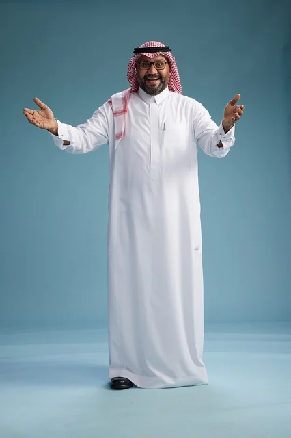 A portrait of an Arab Saudi Gulf man wearing a white thobe and a shemagh, with various gestures and movements, full body, blue background.