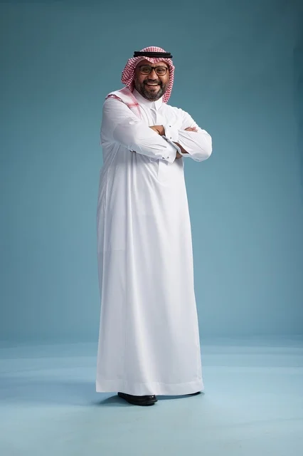 A portrait of an Arab Saudi Gulf man wearing a white thobe and a shemagh, with various gestures and movements, full body, blue background. A portrait of an Arab Saudi Gulf man wearing a white thobe and a shemagh, with various gestures and movements, full body, blue background.