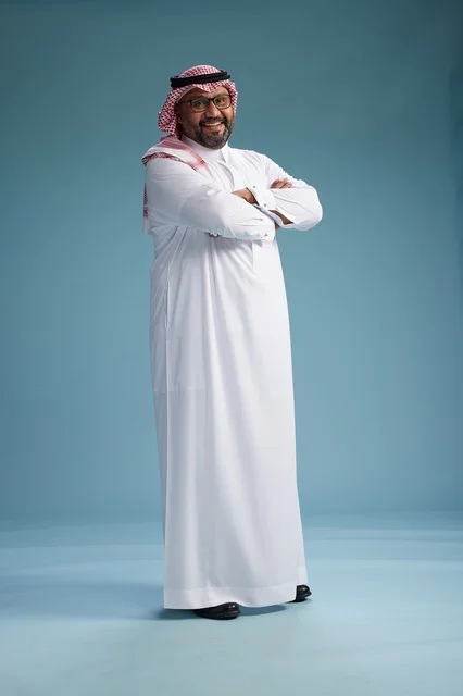 A portrait of an Arab Saudi Gulf man wearing a white thobe and a shemagh, with various gestures and movements, full body, blue background.