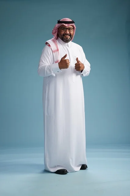 A portrait of an Arab Saudi Gulf man wearing a white thobe and a shemagh, with various gestures and movements, full body, blue background.