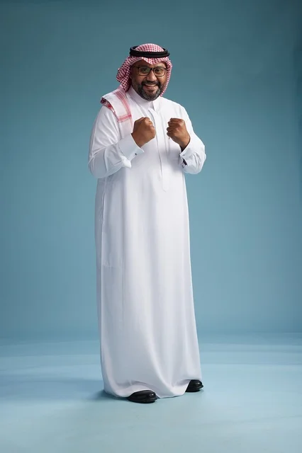 A portrait of an Arab Saudi Gulf man wearing a white thobe and a shemagh, with various gestures and movements, full body, blue background.