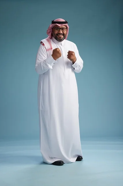 A portrait of an Arab Saudi Gulf man wearing a white thobe and a shemagh, with various gestures and movements, full body, blue background.