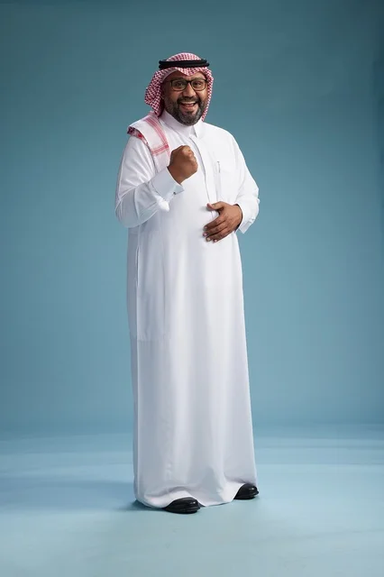 A portrait of an Arab Saudi Gulf man wearing a white thobe and a shemagh, with various gestures and movements, full body, blue background.