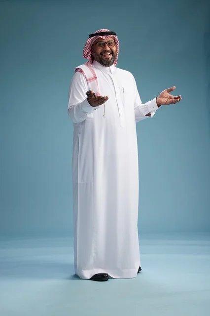 A portrait of an Arab Saudi Gulf man wearing a white thobe and a shemagh, with various gestures and movements, full body, blue background.