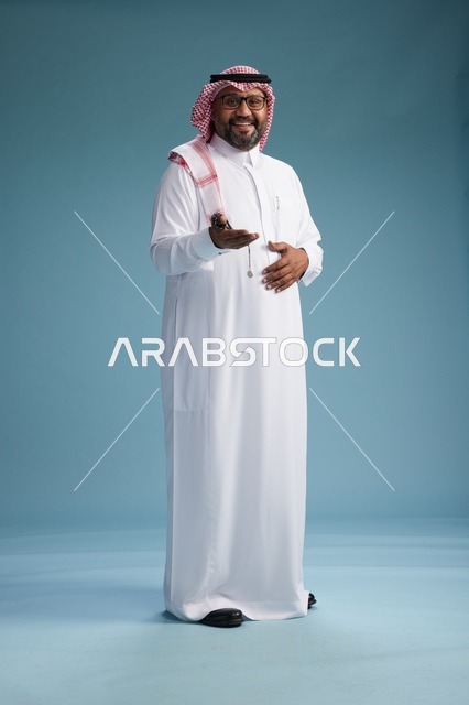 A portrait of an Arab Saudi Gulf man wearing a white thobe and a shemagh, with various gestures and movements, full body, blue background.