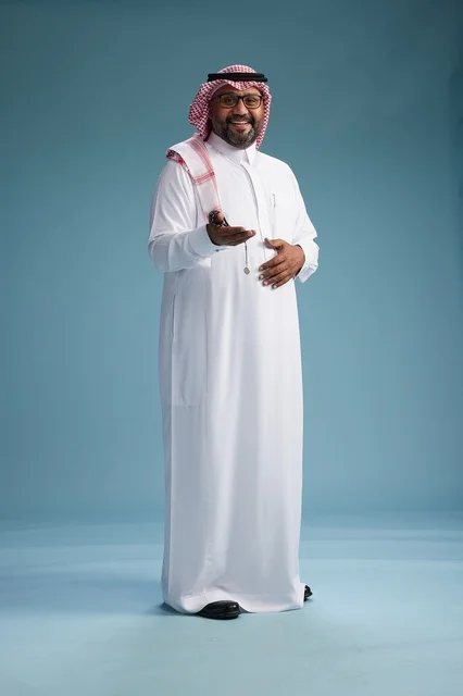 A portrait of an Arab Saudi Gulf man wearing a white thobe and a shemagh, with various gestures and movements, full body, blue background.