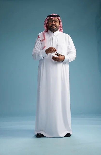 A portrait of an Arab Saudi Gulf man wearing a white thobe and a shemagh, with various gestures and movements, full body, blue background.