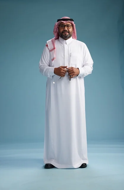 A portrait of an Arab Saudi Gulf man wearing a white thobe and a shemagh, with various gestures and movements, full body, blue background. A portrait of an Arab Saudi Gulf man wearing a white thobe and a shemagh, with various gestures and movements, full body, blue background.