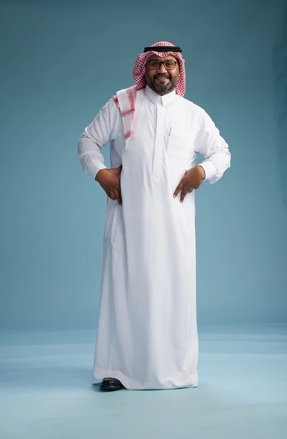 A portrait of an Arab Saudi Gulf man wearing a white thobe and a shemagh, with various gestures and movements, full body, blue background. A portrait of an Arab Saudi Gulf man wearing a white thobe and a shemagh, with various gestures and movements, full body, blue background.