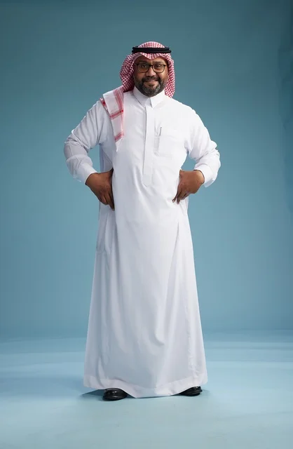 A portrait of an Arab Saudi Gulf man wearing a white thobe and a shemagh, with various gestures and movements, full body, blue background. A portrait of an Arab Saudi Gulf man wearing a white thobe and a shemagh, with various gestures and movements, full body, blue background.