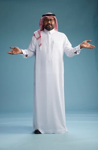A portrait of an Arab Saudi Gulf man wearing a white thobe and a shemagh, with various gestures and movements, full body, blue background. A portrait of an Arab Saudi Gulf man wearing a white thobe and a shemagh, with various gestures and movements, full body, blue background.