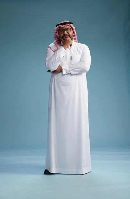 A portrait of an Arab Saudi Gulf man wearing a white thobe and a shemagh, with various gestures and movements, full body, blue background.