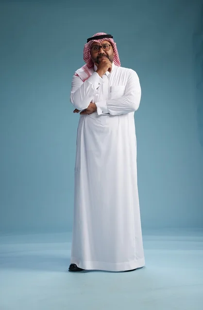 A portrait of an Arab Saudi Gulf man wearing a white thobe and a shemagh, with various gestures and movements, full body, blue background.