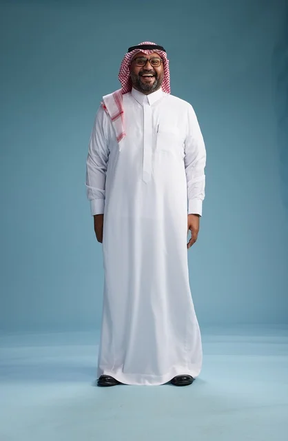 A portrait of an Arab Saudi Gulf man wearing a white thobe and a shemagh, with various gestures and movements, full body, blue background.