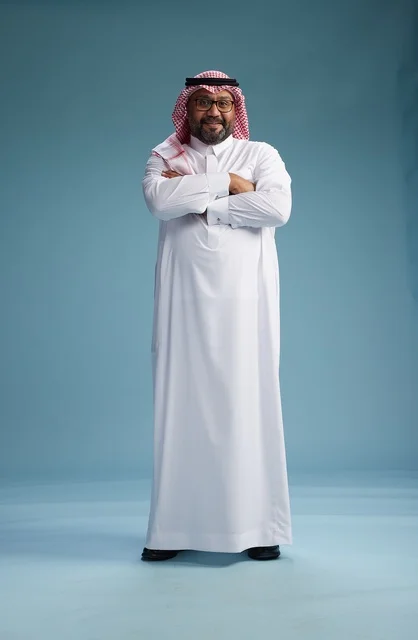 A portrait of an Arab Saudi Gulf man wearing a white thobe and a shemagh, with various gestures and movements, full body, blue background.